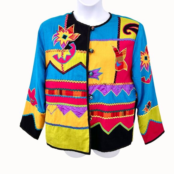STUNNING VINTAGE 90'S JULIA KIM ART TO WEAR PATCHWORK JACKET W/ GLASS BUTTON CLO - Picture 2 of 7